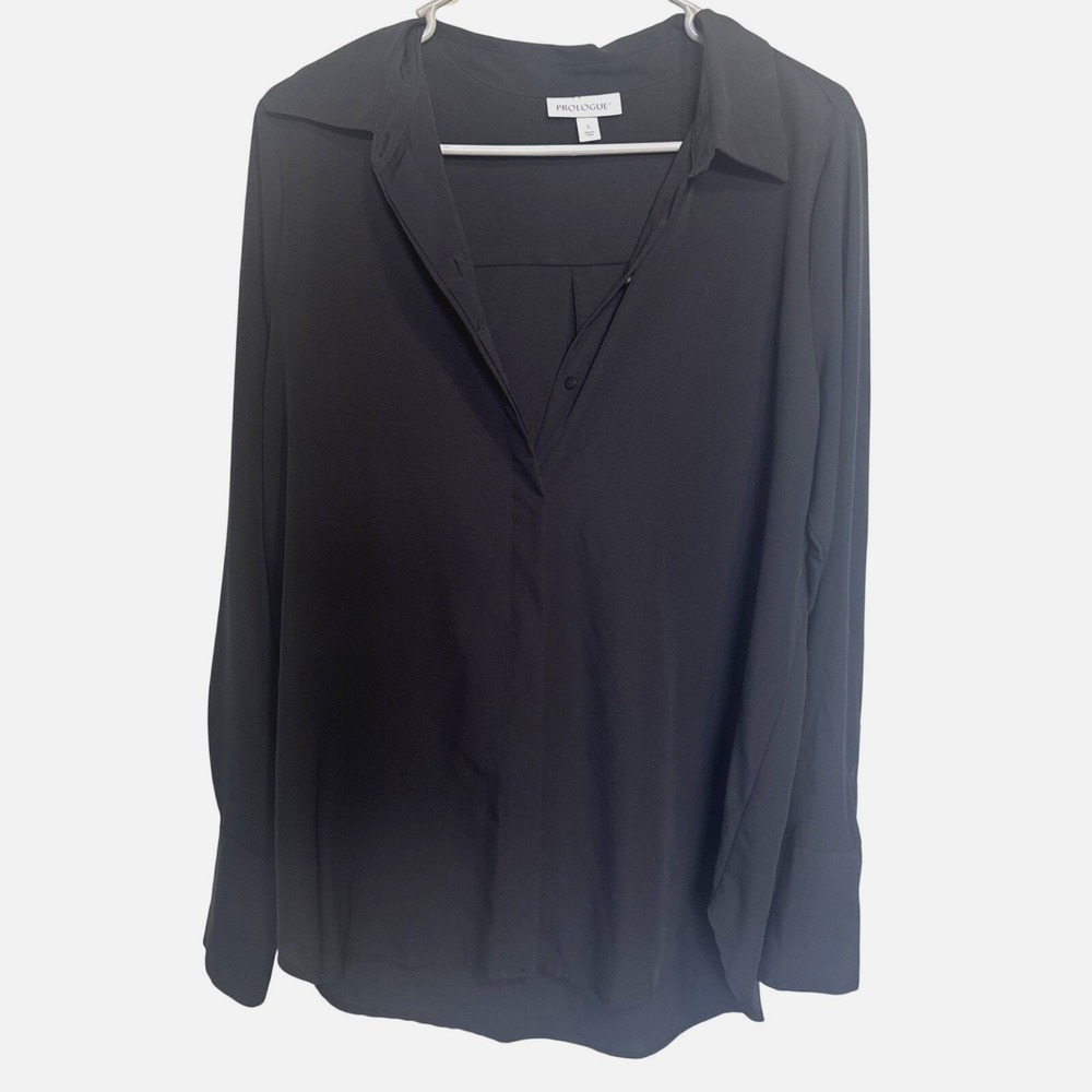 Prologue Womens Black Long Sleeve Button Down Blouse Size L Minimalist